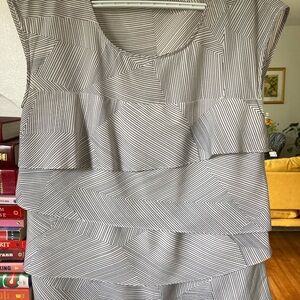 LOFT Black/White Tiered Sleeveless Blouse with Stripe Design